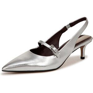 Franco Sarto Women Silver Metallic Khloe Pointed Toe Slingback Kitten Heel Pump